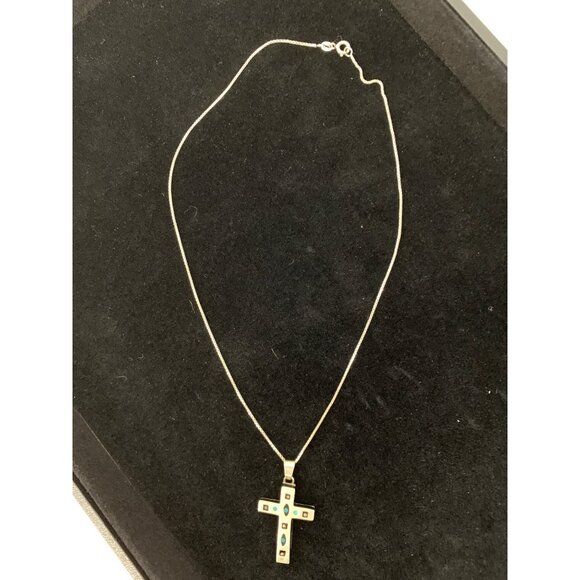 VTG Sterling Silver Cross Pendant Necklace Turquoise Onyx Inlays 7598 Mexico 18" - Picture 2 of 11
